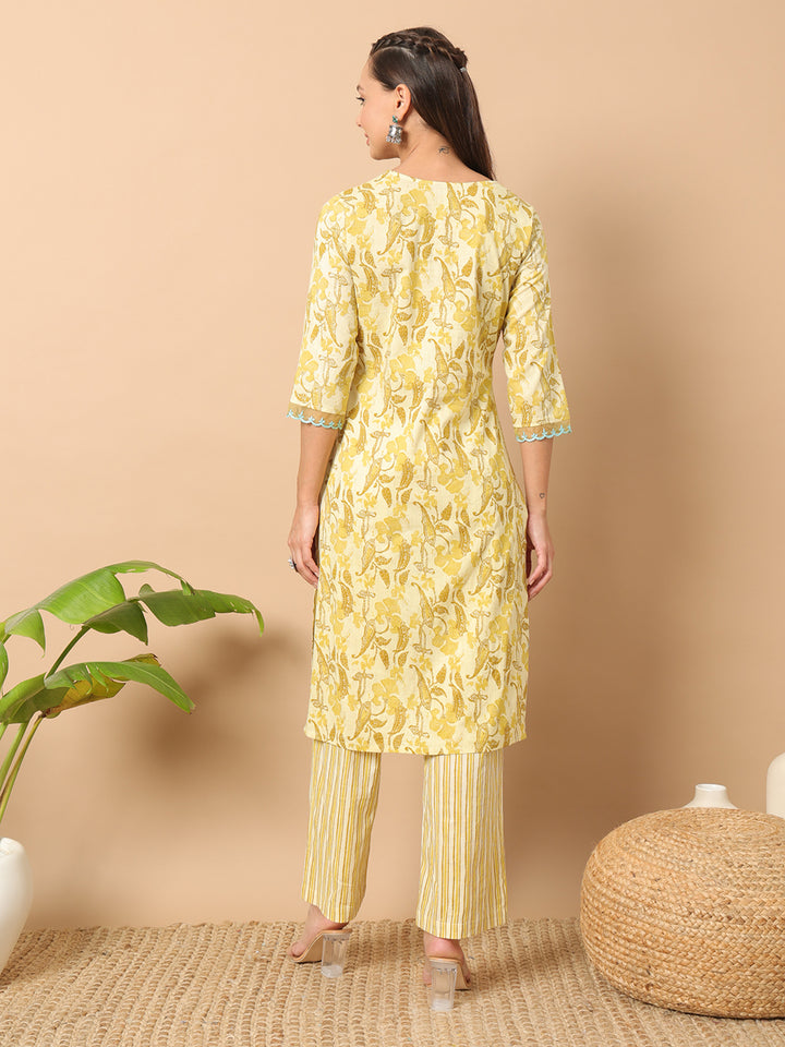 Yellow Cotton Co-Ord Set | Designer Printed Top & Bottom for Women