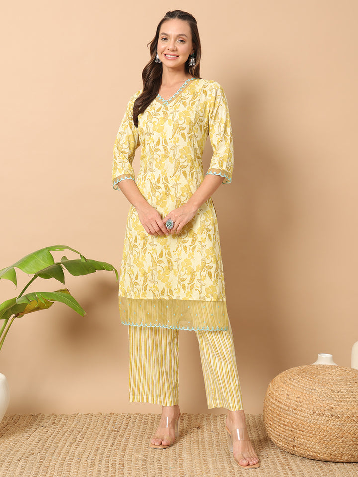 Yellow Cotton Co-Ord Set | Designer Printed Top & Bottom for Women