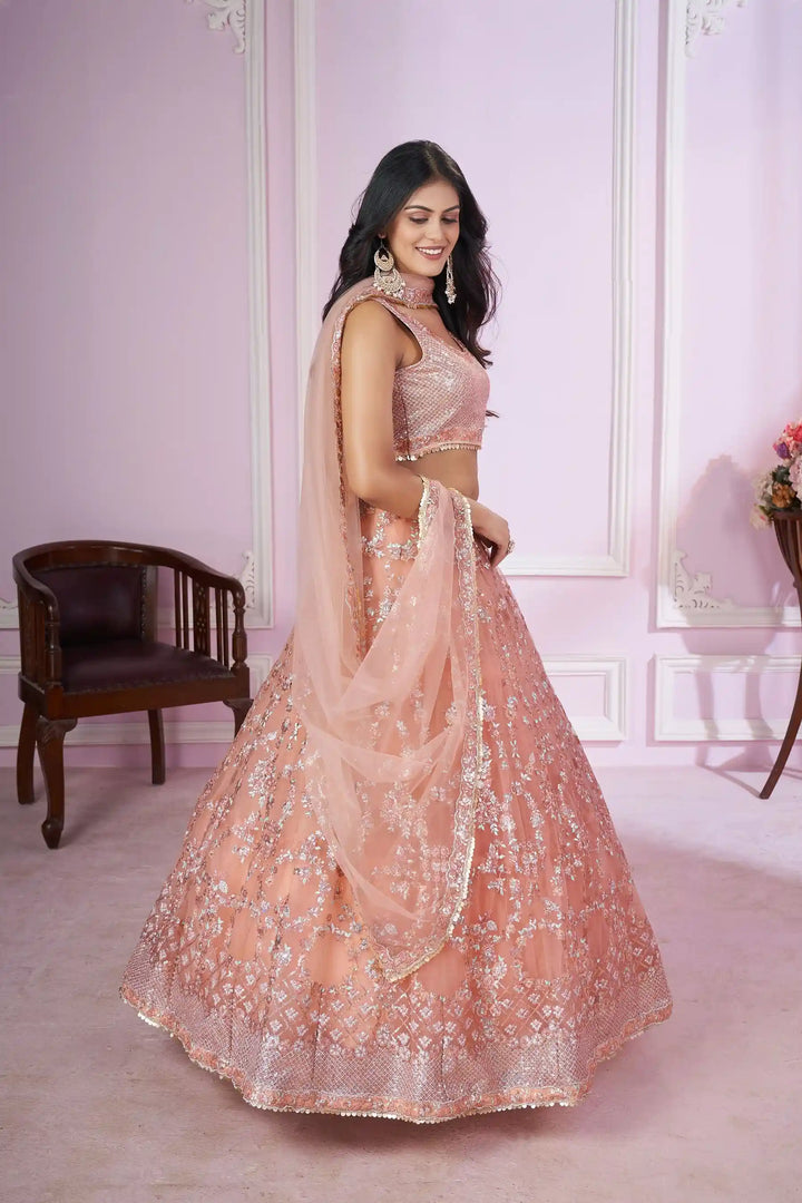 Coral Pink Soft Net Lehenga Choli | Designer Sequins & Embroidery Work for weddings