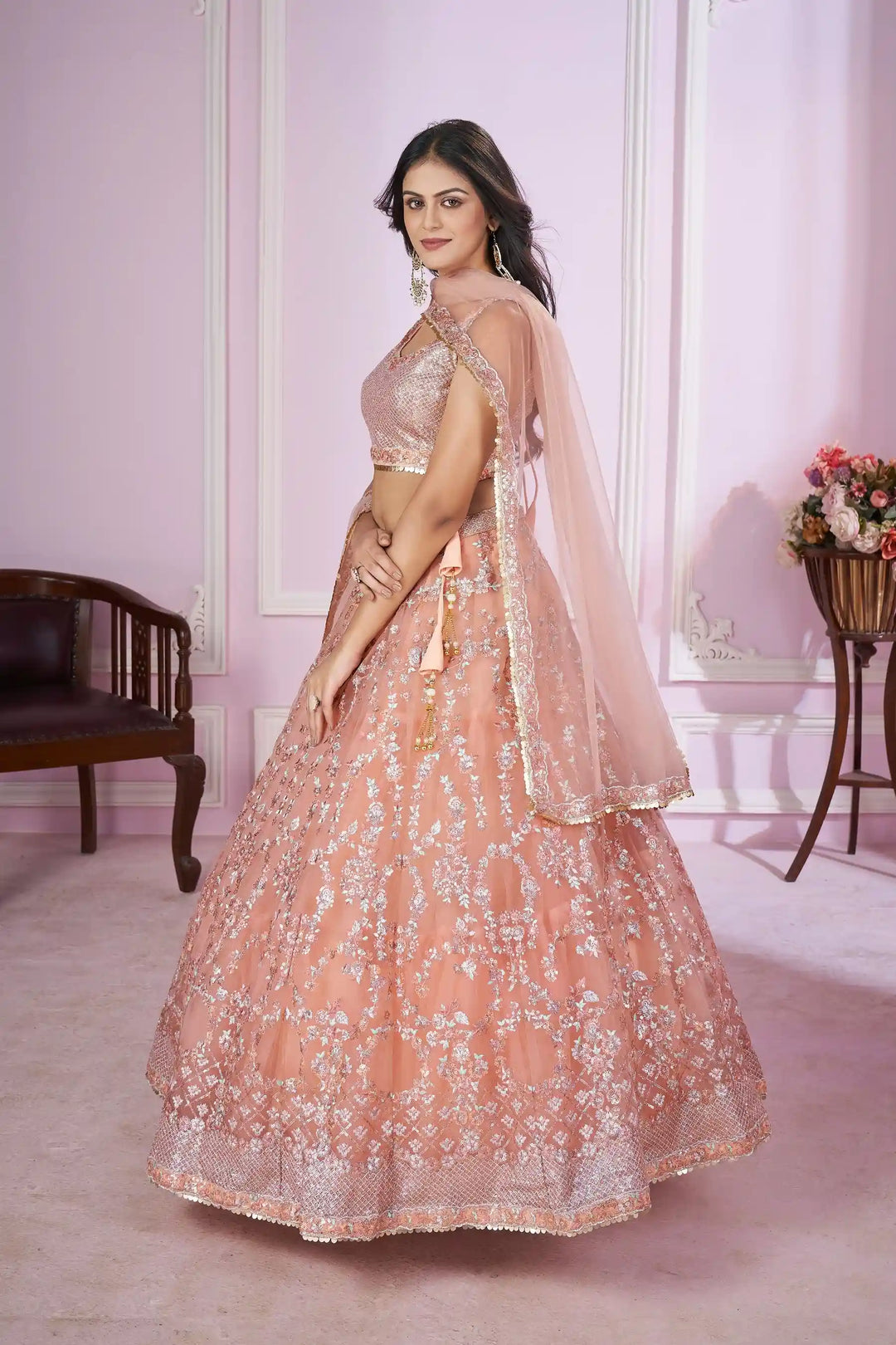 Coral Pink Soft Net Lehenga Choli | Designer Sequins & Embroidery Work for weddings