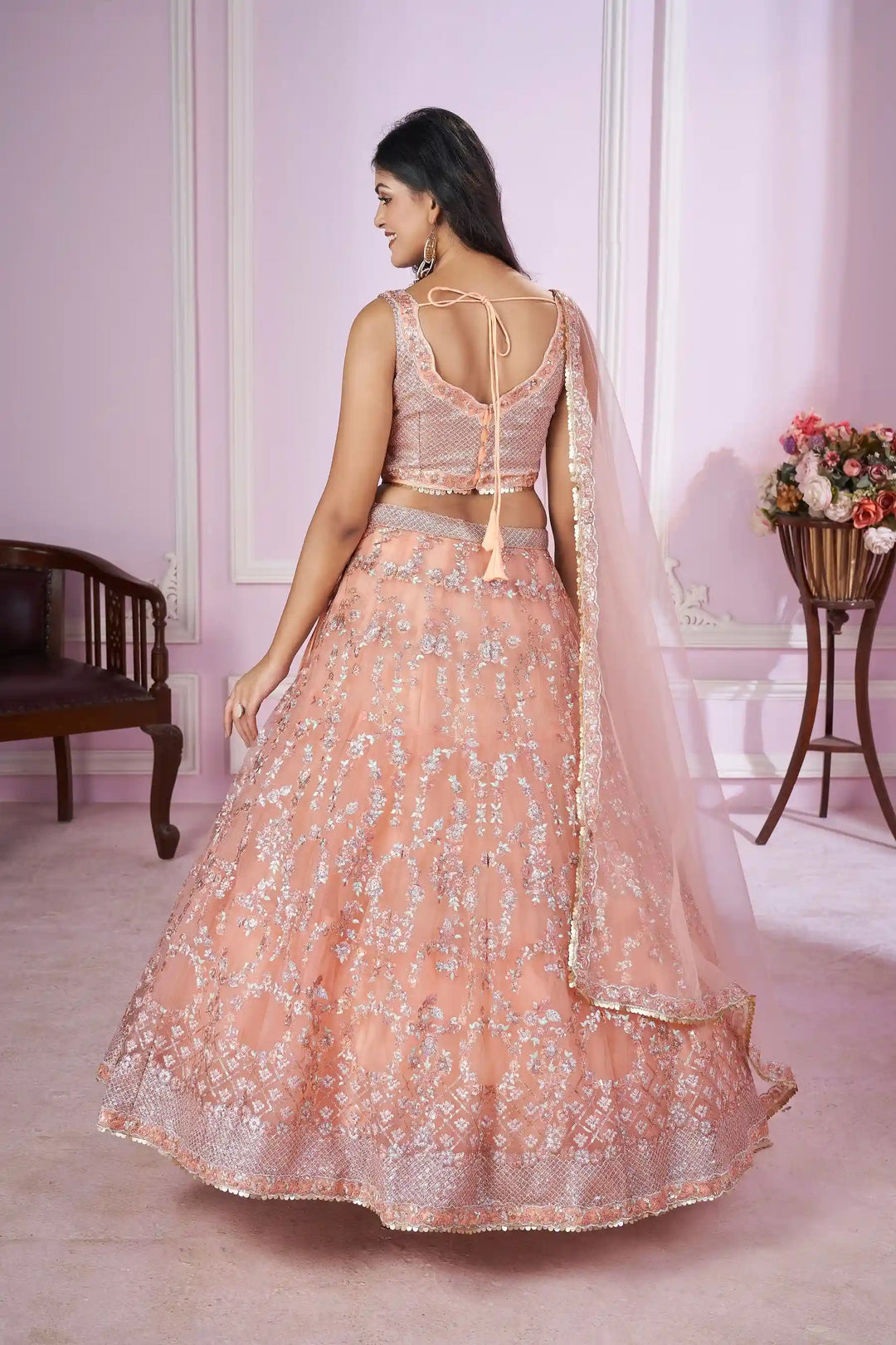 Coral Pink Soft Net Lehenga Choli | Designer Sequins & Embroidery Work for weddings
