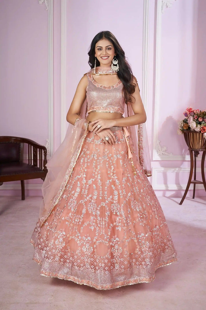 Coral Pink Soft Net Lehenga Choli | Designer Sequins & Embroidery Work for weddings