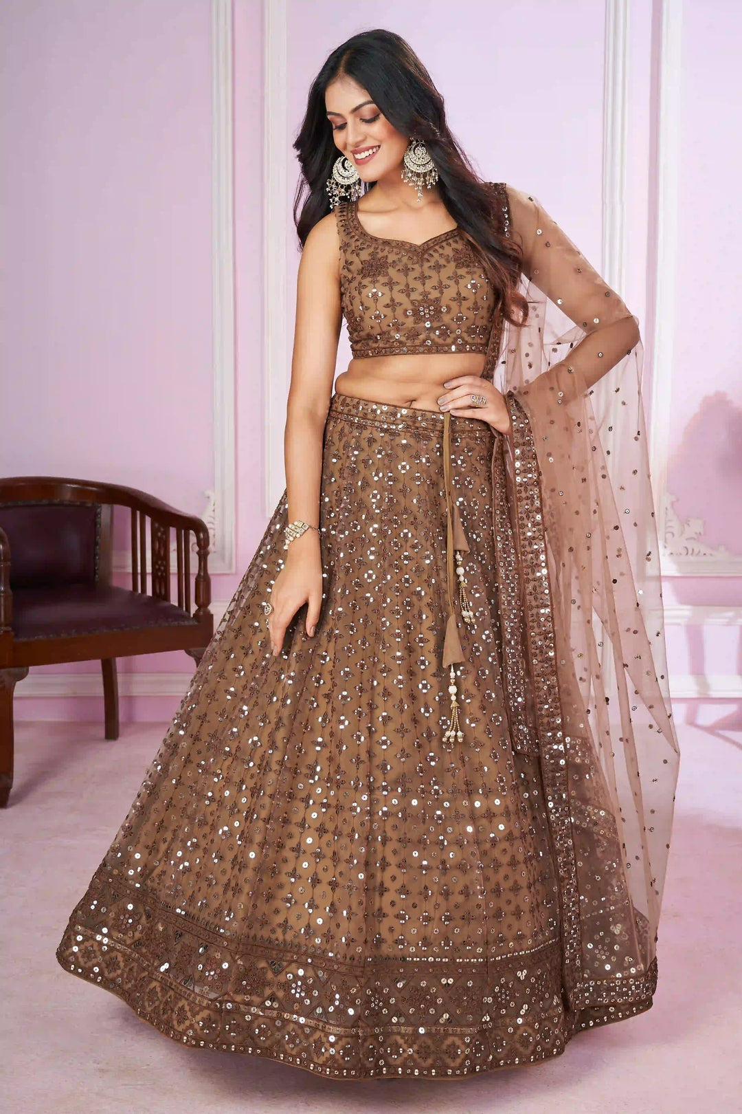 Brown Lehenga Choli | Sequence & Thread Work for Weddings & Festivals