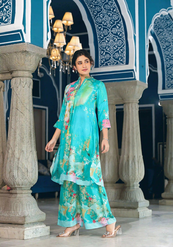 Stylish Sea Green Muslin Set | Designer Co-Ord with Handworked Collar