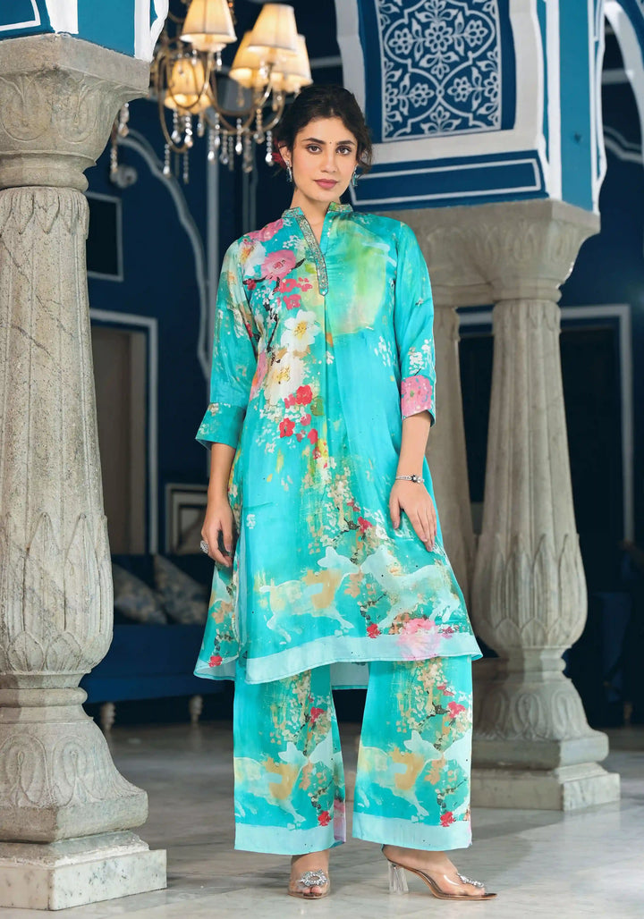 Stylish Sea Green Muslin Set | Designer Co-Ord with Handworked Collar
