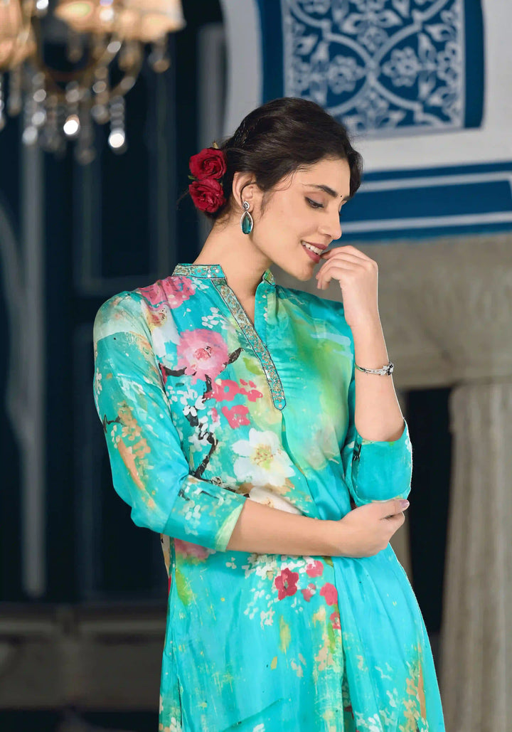 Stylish Sea Green Muslin Set | Designer Co-Ord with Handworked Collar