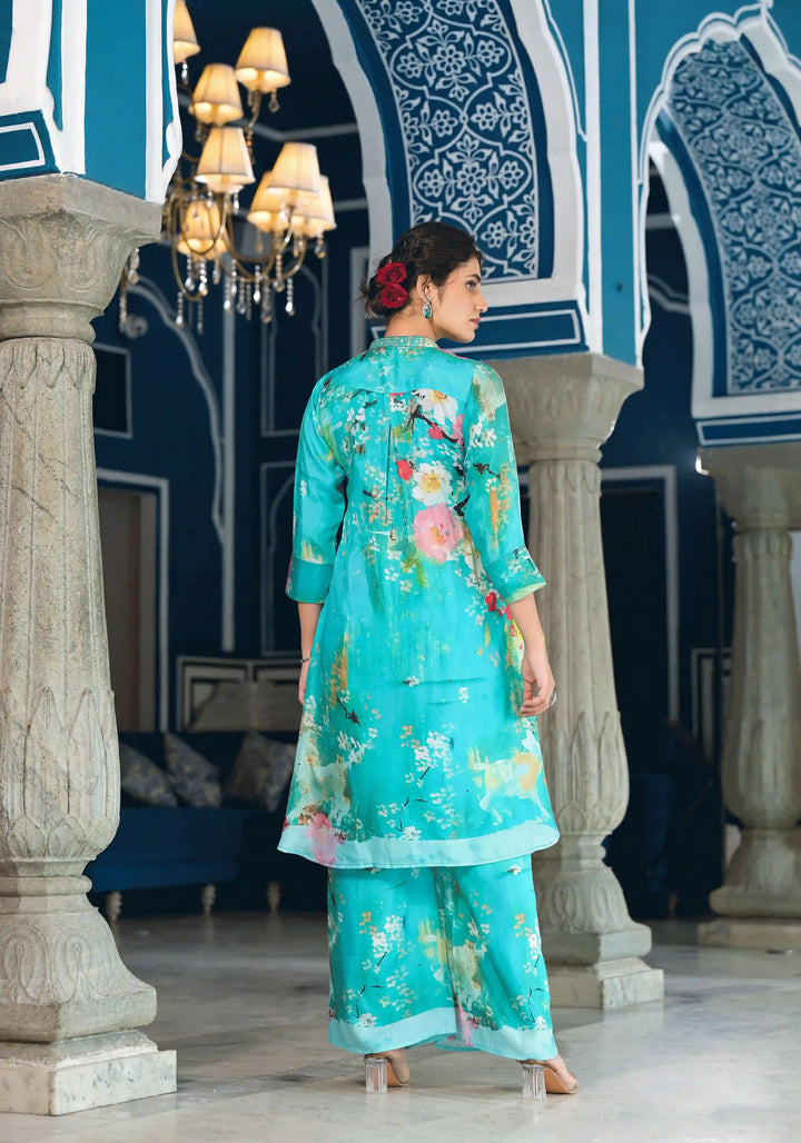 Stylish Sea Green Muslin Set | Designer Co-Ord with Handworked Collar