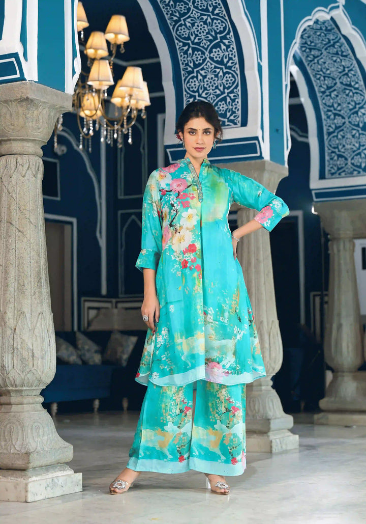 Stylish Sea Green Muslin Set | Designer Co-Ord with Handworked Collar