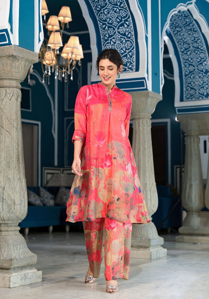 Elegant Orange Co-Ord Dress | Muslin Pair with Digital Prints & Hand Work