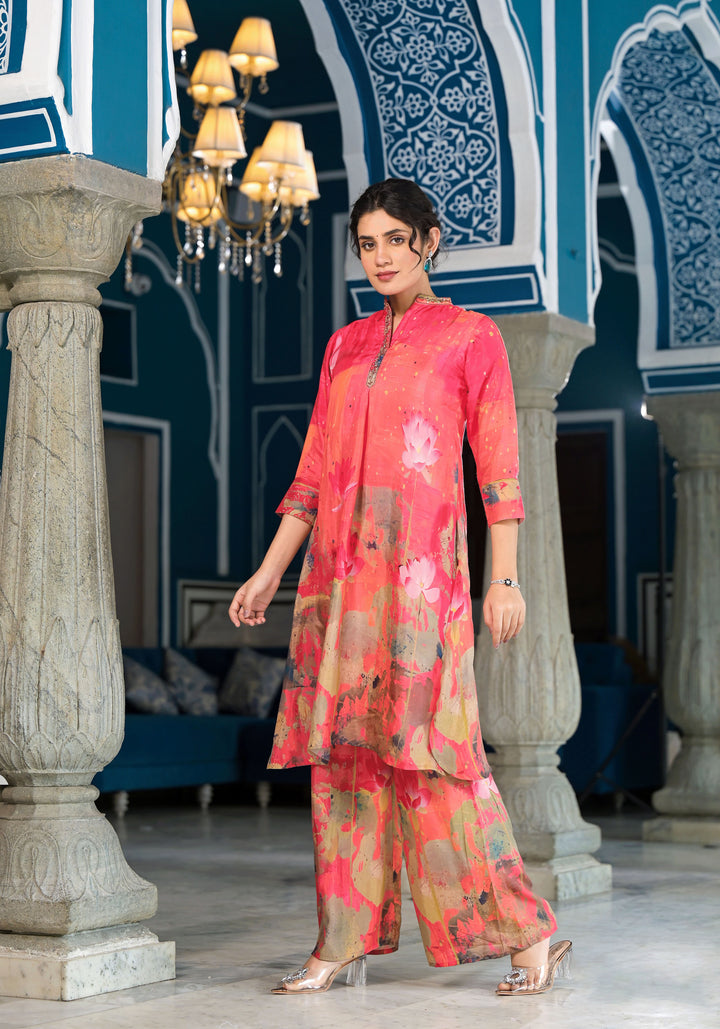 Elegant Orange Co-Ord Dress | Muslin Pair with Digital Prints & Hand Work