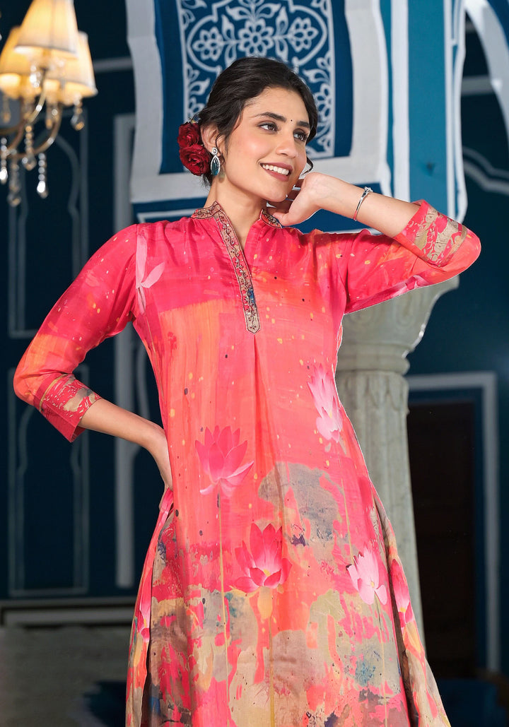 Elegant Orange Co-Ord Dress | Muslin Pair with Digital Prints & Hand Work