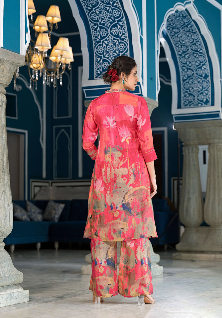 Elegant Orange Co-Ord Dress | Muslin Pair with Digital Prints & Hand Work