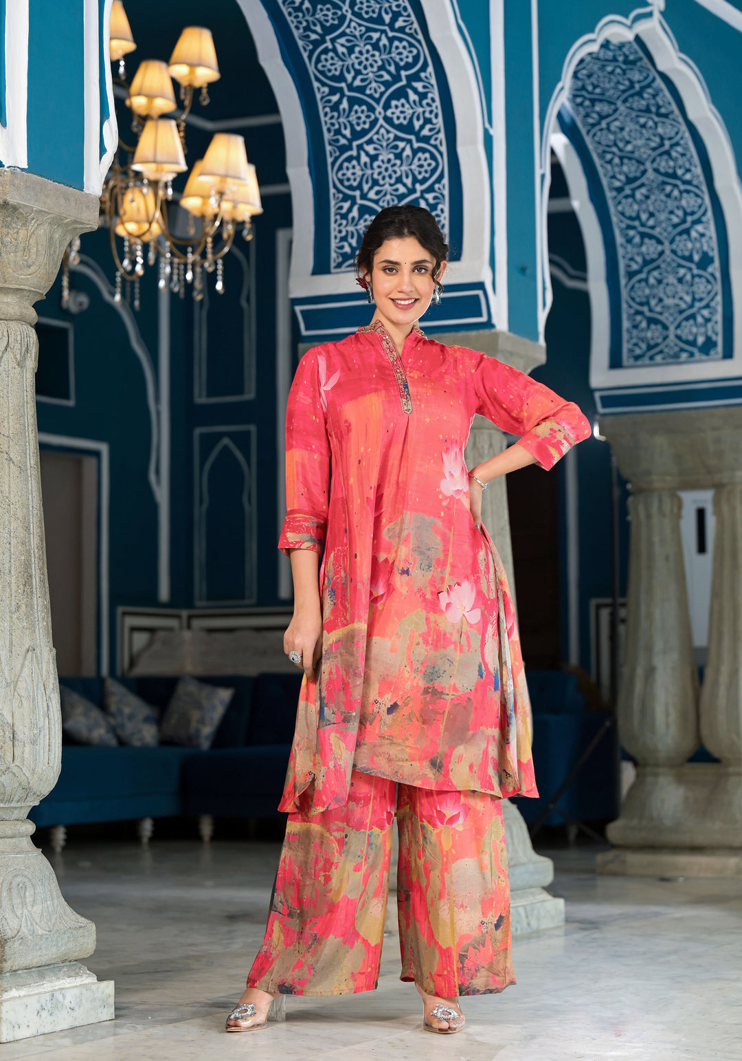Elegant Orange Co-Ord Dress | Muslin Pair with Digital Prints & Hand Work