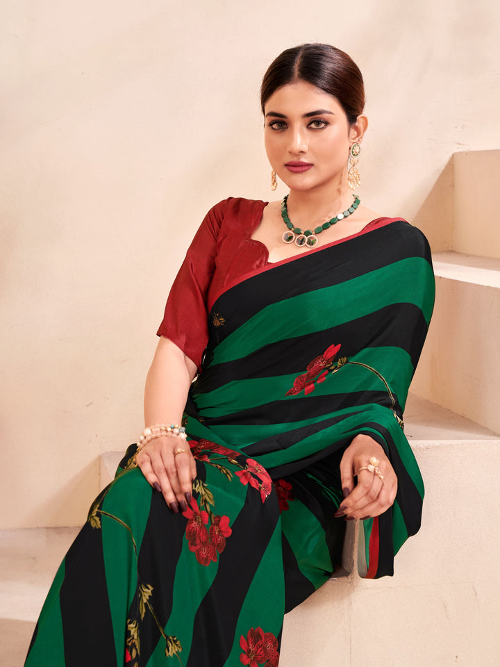 Green Crepe Soft Silk Saree | Elegant Digital Prints & Matching Blouse