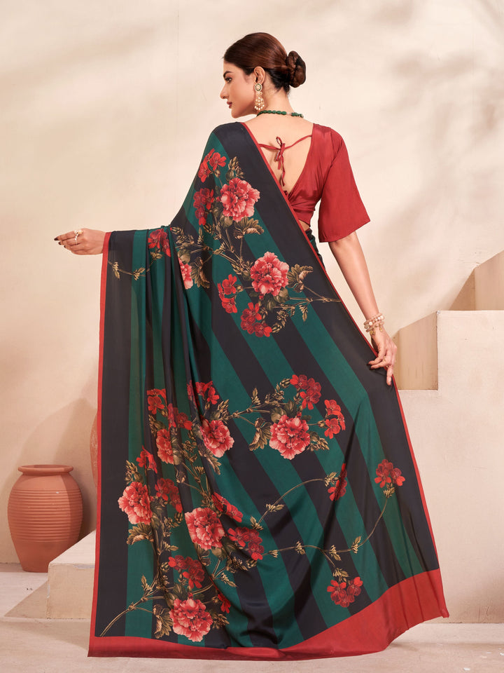 Green Crepe Soft Silk Saree | Elegant Digital Prints & Matching Blouse