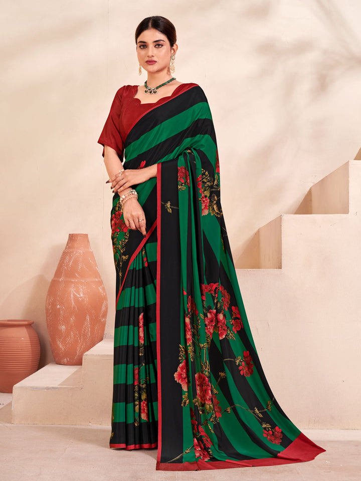 Green Crepe Soft Silk Saree | Elegant Digital Prints & Matching Blouse
