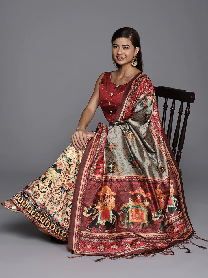 Satin Silk Maroon Lehenga Set | Kalamkari Chiku Digital Print for Traditional Looks