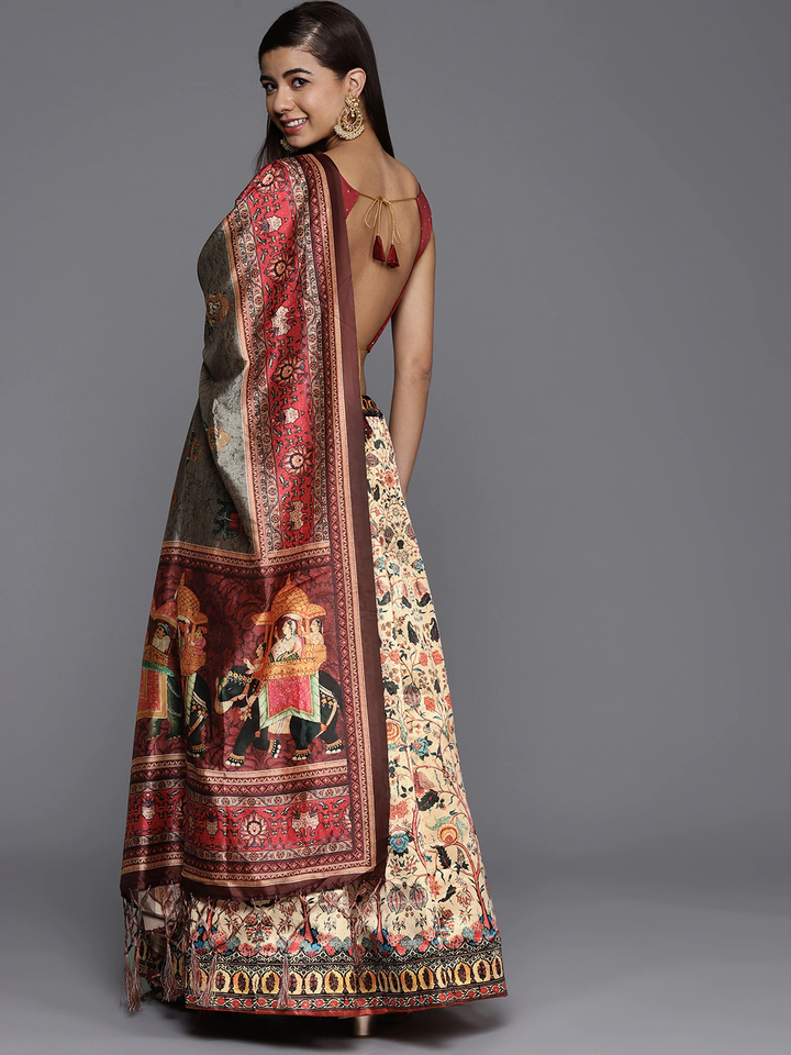 Satin Silk Maroon Lehenga Set | Kalamkari Chiku Digital Print for Traditional Looks
