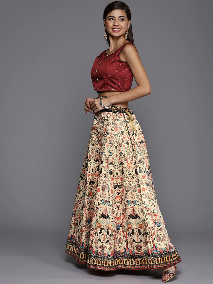 Satin Silk Maroon Lehenga Set | Kalamkari Chiku Digital Print for Traditional Looks