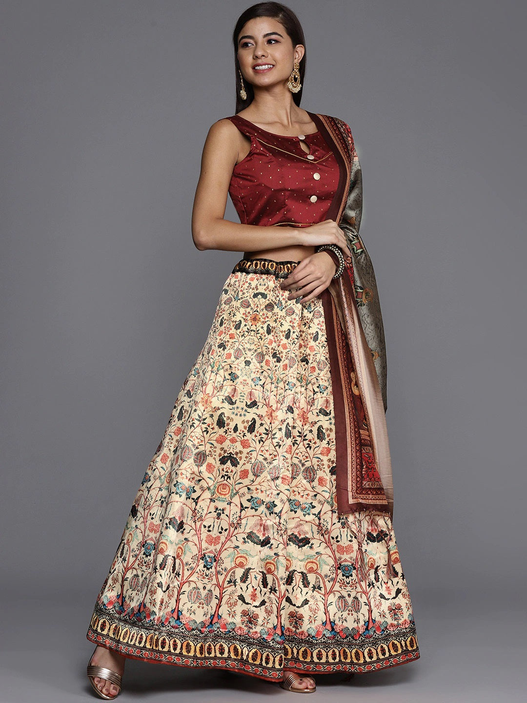 Satin Silk Maroon Lehenga Set | Kalamkari Chiku Digital Print for Traditional Looks