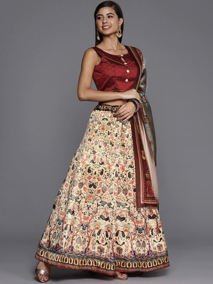 Satin Silk Maroon Lehenga Set | Kalamkari Chiku Digital Print for Traditional Looks