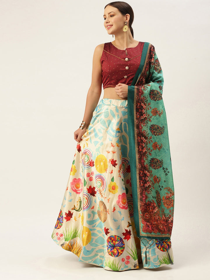 Cream and Sea Green Silk Lehenga Choli | Digital Print Lehenga for Weddings & Parties