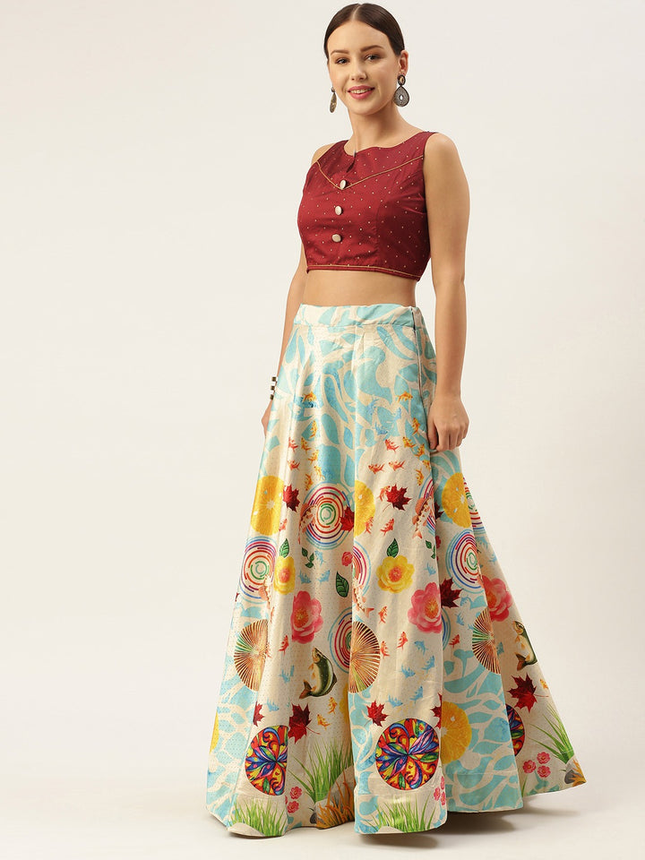 Cream and Sea Green Silk Lehenga Choli | Digital Print Lehenga for Weddings & Parties