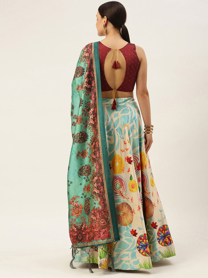 Cream and Sea Green Silk Lehenga Choli | Digital Print Lehenga for Weddings & Parties