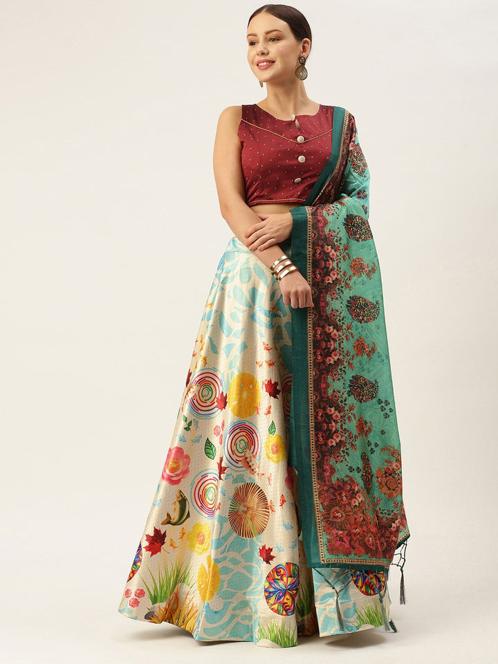 Cream and Sea Green Silk Lehenga Choli | Digital Print Lehenga for Weddings & Parties