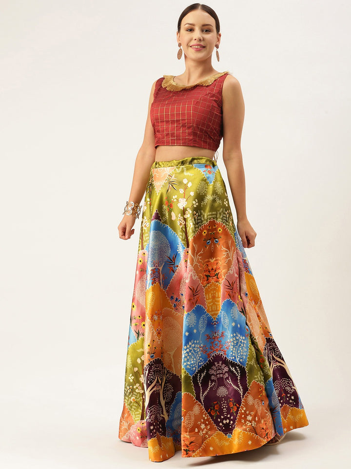 Multicolor Silk Lehenga Choli | Digital Print Shivan Tree Design for Weddings