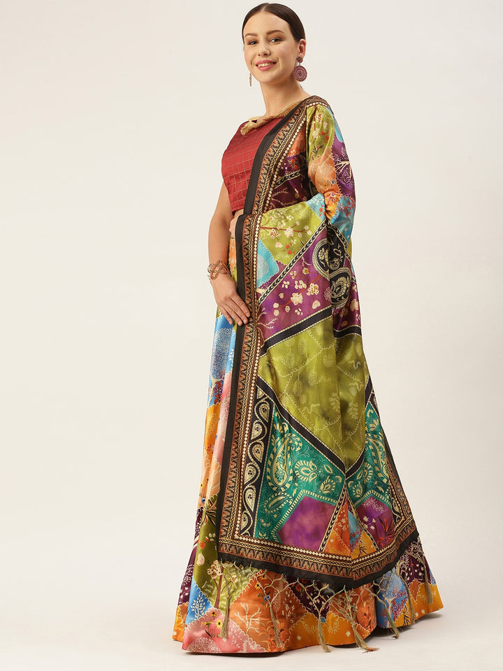 Multicolor Silk Lehenga Choli | Digital Print Shivan Tree Design for Weddings