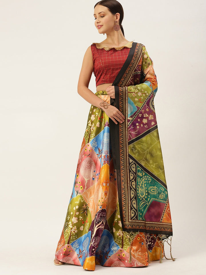 Multicolor Silk Lehenga Choli | Digital Print Shivan Tree Design for Weddings