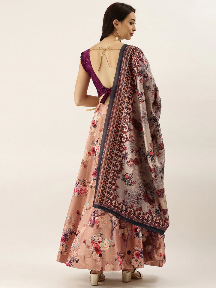 Peach Designer Lehenga Set | Satin Silk Lehenga with Digital Prints & Silk Dupatta