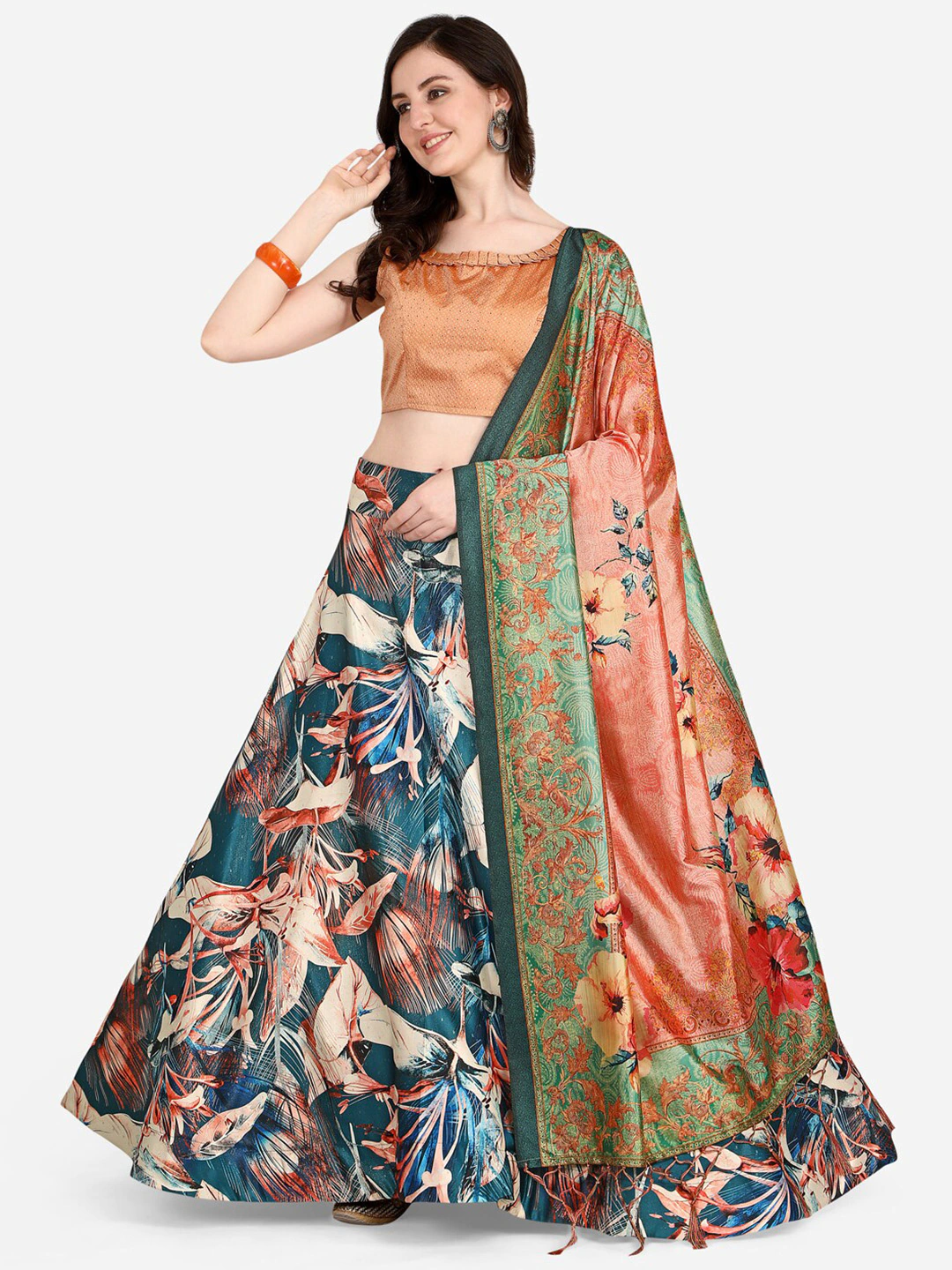 Designer Teal Lehenga Set | Digital Printed Satin Lehenga with Silk Blouse