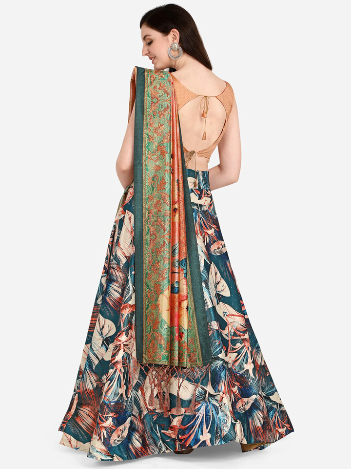 Designer Teal Lehenga Set | Digital Printed Satin Lehenga with Silk Blouse