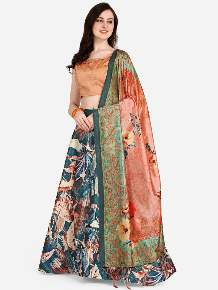 Designer Teal Lehenga Set | Digital Printed Satin Lehenga with Silk Blouse