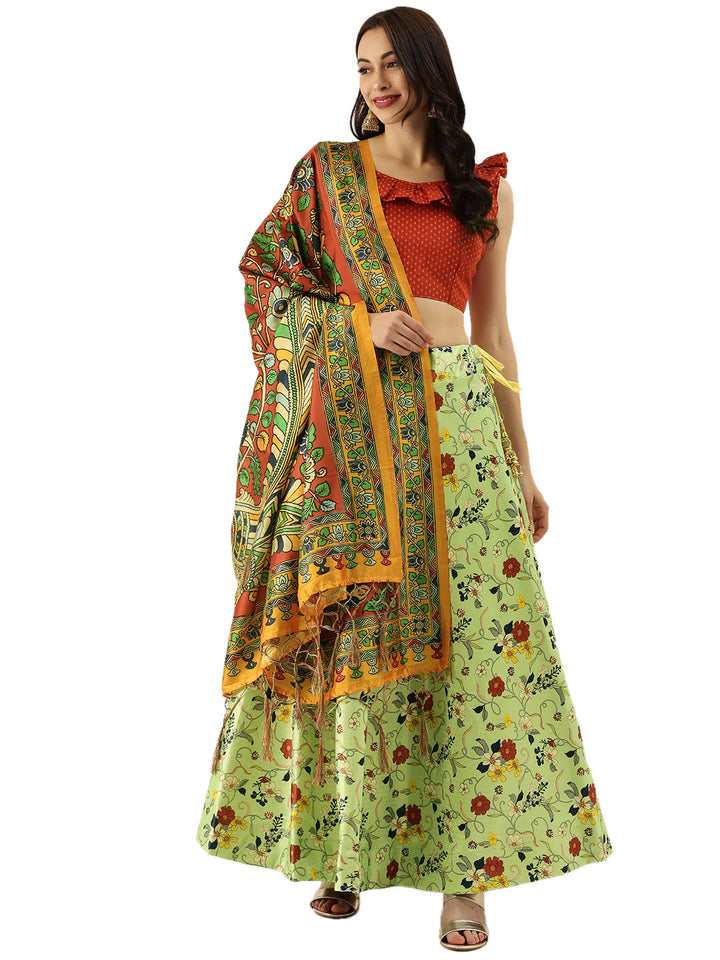 Elegant Pista Green Lehenga | Digital Printed Satin Silk Lehenga with Dupatta
