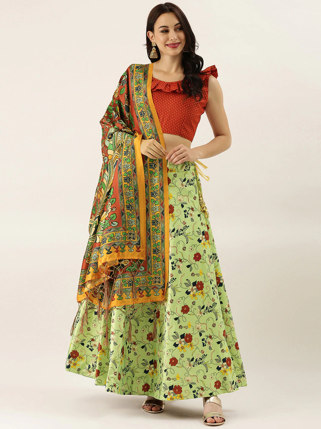 Elegant Pista Green Lehenga | Digital Printed Satin Silk Lehenga with Dupatta
