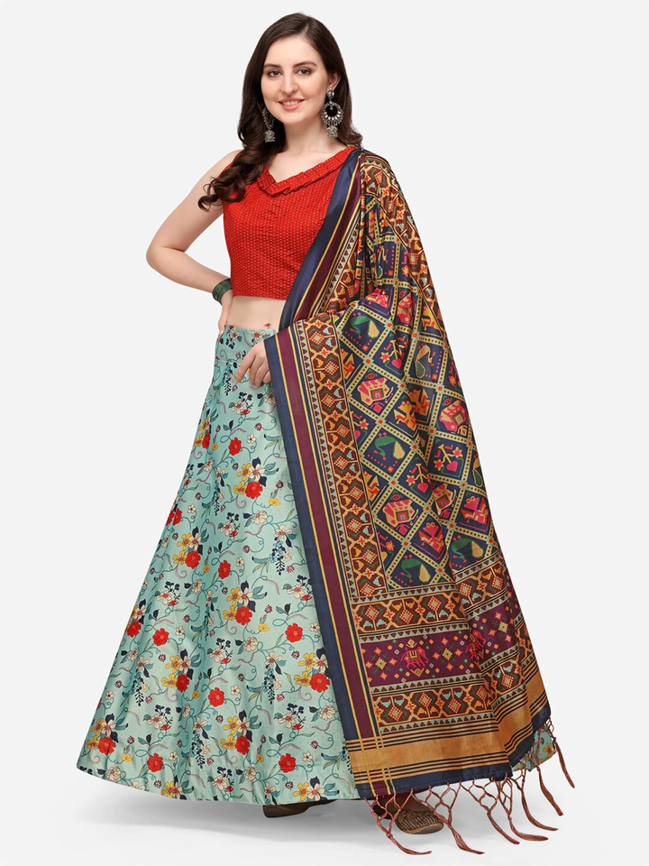 Stunning Lehenga Set | Light Blue Digital Printed Lehenga with Silk Blouse