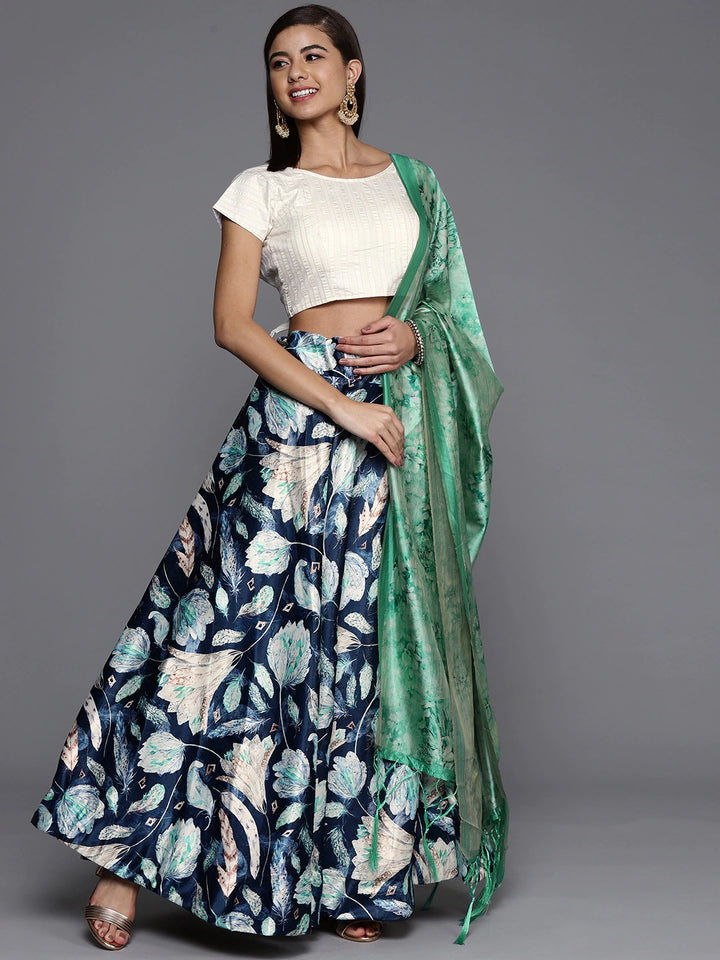 Elegant Dark Teal Blue Lehenga | Satin Silk Lehenga with Dupatta & Digital Prints