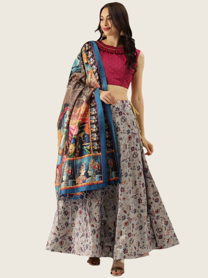 Gray Silk Lehenga Set | Digital Prints with Satin Lehenga & Assami Silk Dupatta