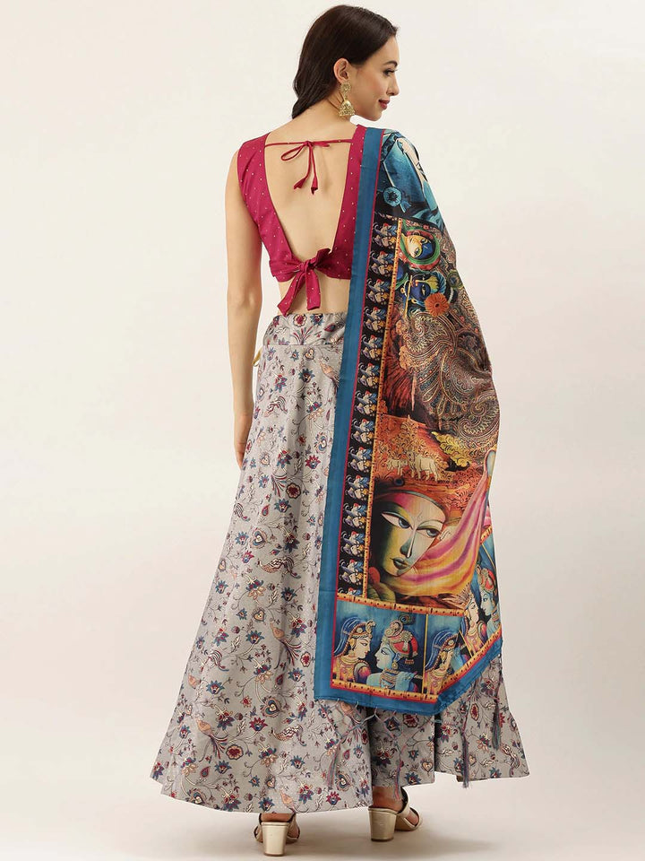 Gray Silk Lehenga Set | Digital Prints with Satin Lehenga & Assami Silk Dupatta