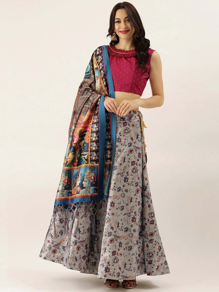 Gray Silk Lehenga Set | Digital Prints with Satin Lehenga & Assami Silk Dupatta