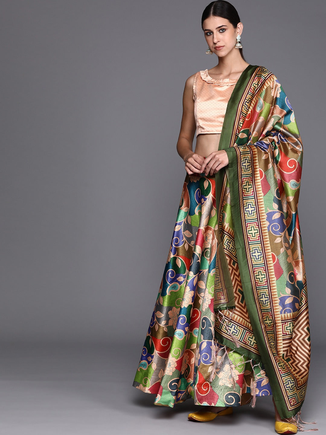 Vibrant Multi-Color Lehenga | Digital Print Satin Choli with Assami Dupatta