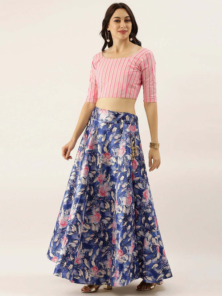 Dark Blue Digital Printed Lehenga | Designer Satin Lehenga for Festive Wear