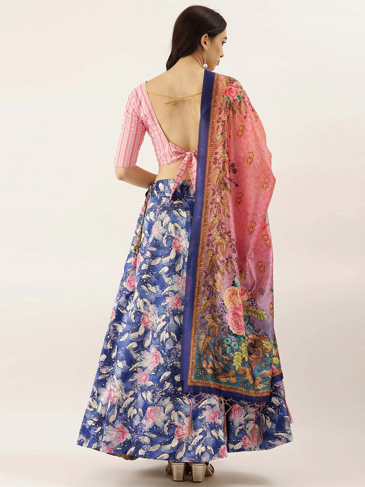 Dark Blue Digital Printed Lehenga | Designer Satin Lehenga for Festive Wear