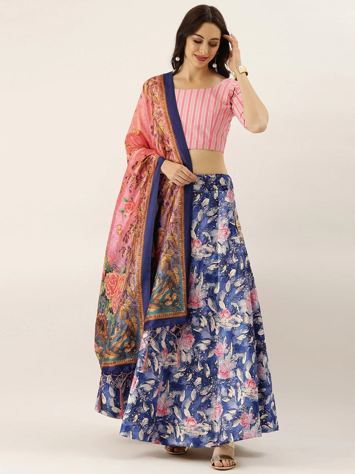 Dark Blue Digital Printed Lehenga | Designer Satin Lehenga for Festive Wear