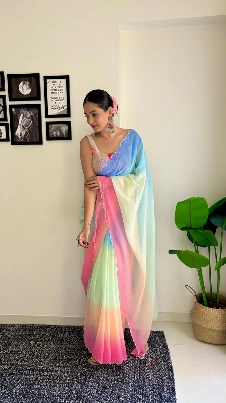 Faux-Georgette Saree with Heavy Embroidery | Fancy Arco Border Blouse