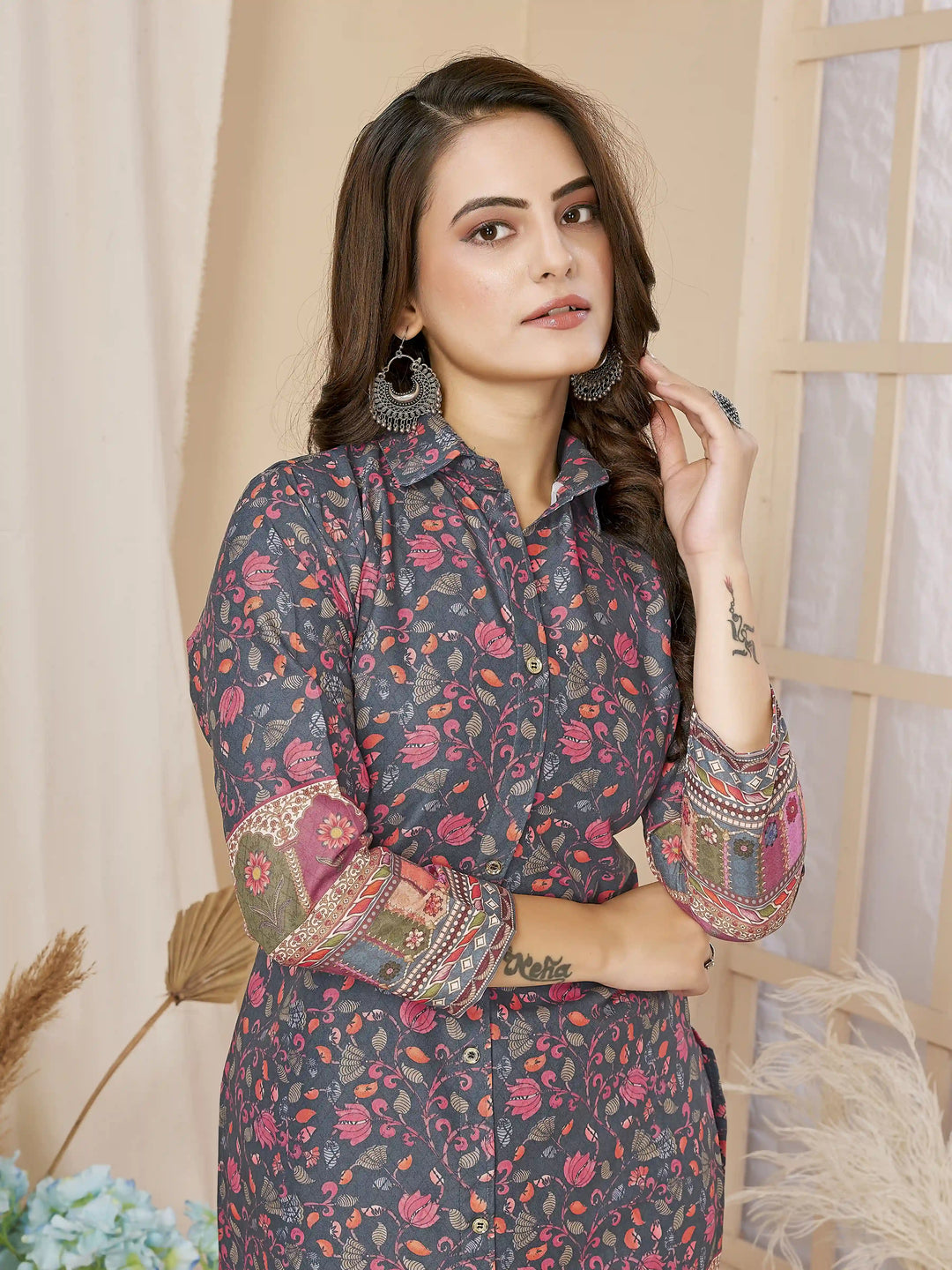 Grey Rayon Co-Ord Set | Designer Digital Printed Top with Bottom Pair