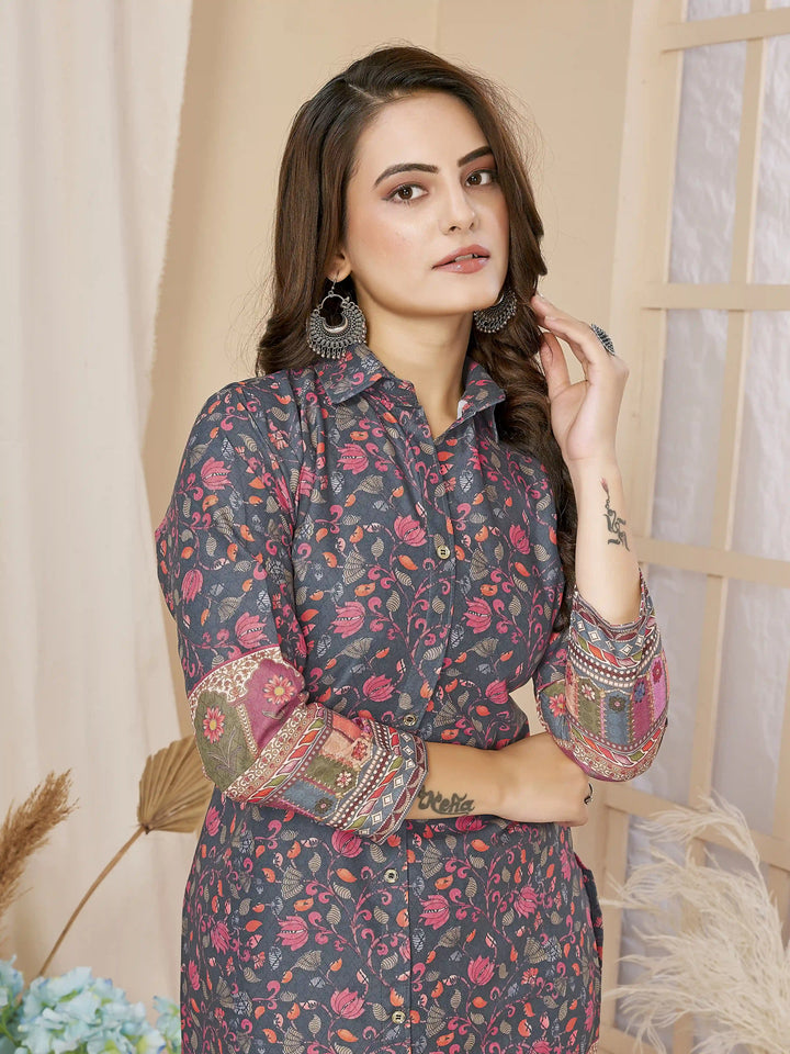 Grey Rayon Co-Ord Set | Designer Digital Printed Top with Bottom Pair